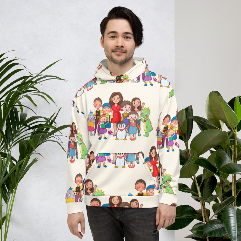 All the Characters Together All-Over Print Recycled Unisex Hoodie, Roots & Talks - lifestyle photo 1