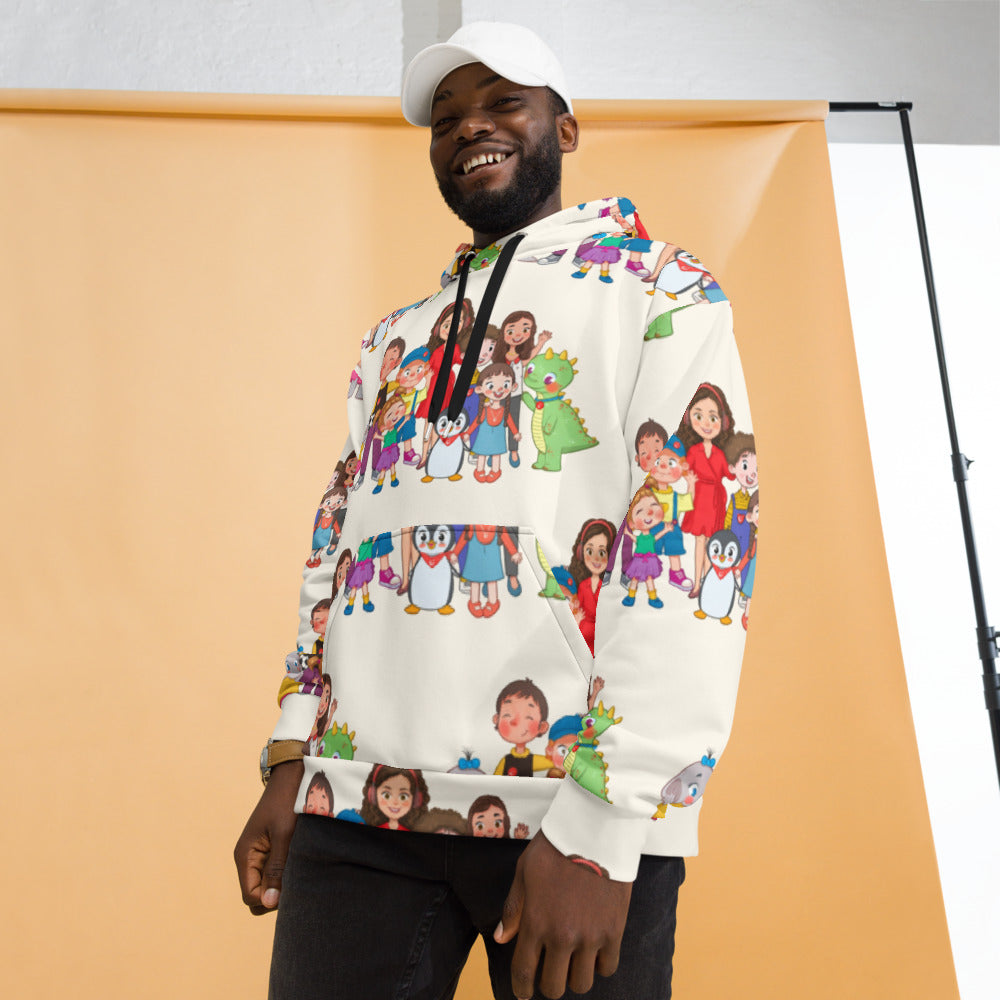 All the Characters Together All-Over Print Recycled Unisex Hoodie, Roots & Talks - lifestyle photo 2