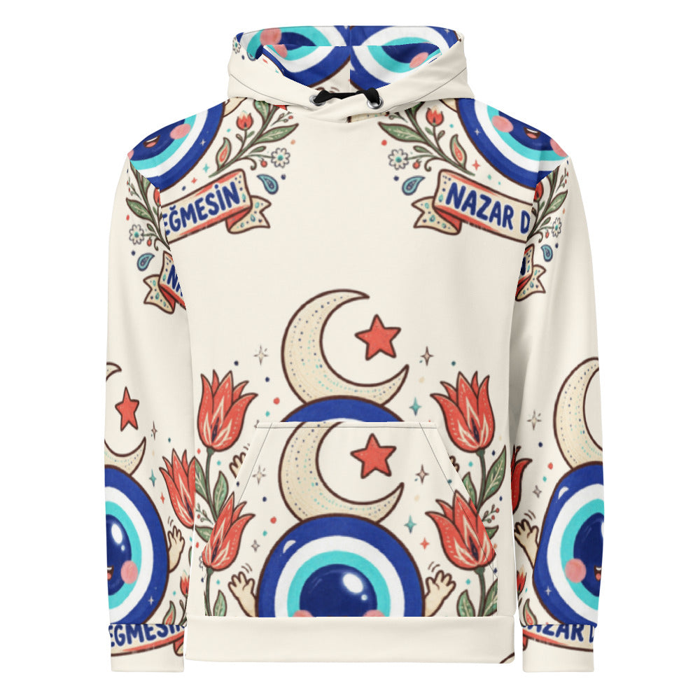 Nazar Değmesin All-Over Print Recycled Unisex Hoodie, Roots & Talks - product photo
