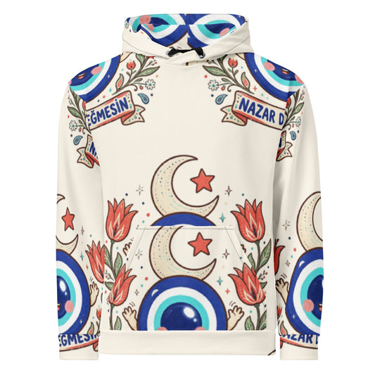 Nazar Değmesin All-Over Print Recycled Unisex Hoodie, Roots & Talks - product photo