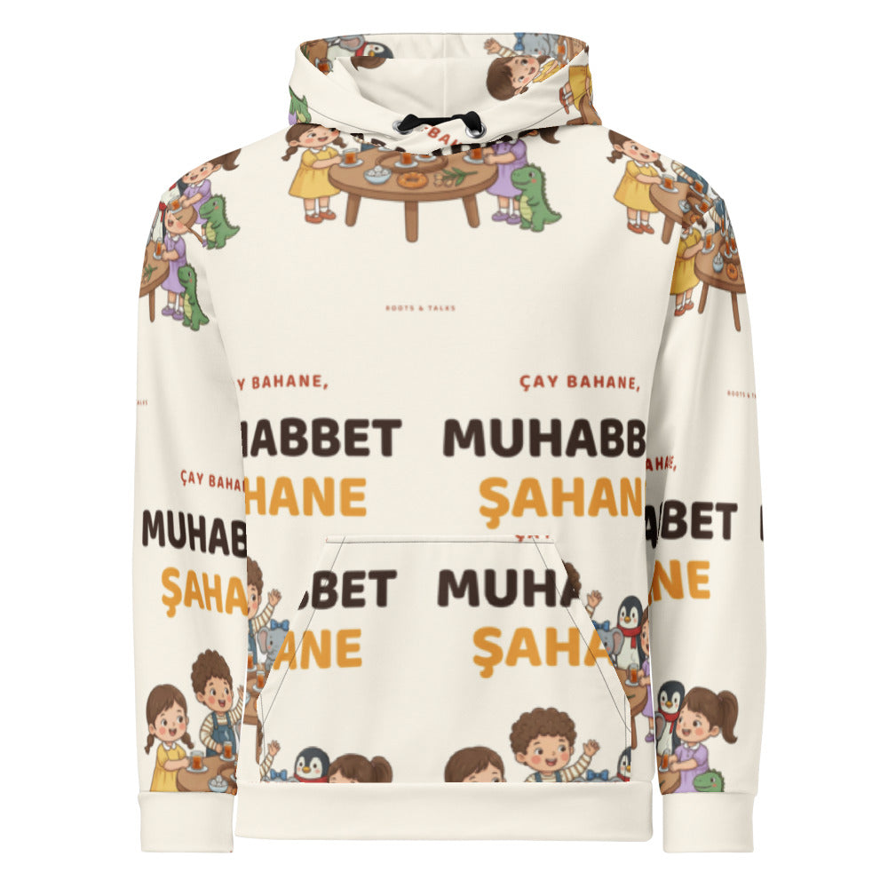 Çay Bahane, Muhabbet Şahane All-Over Print Recycled Unisex Hoodie, Roots & Talks - product photo