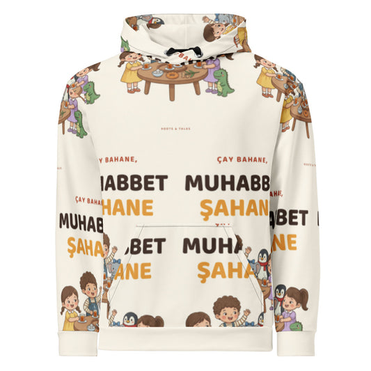 Çay Bahane, Muhabbet Şahane All-Over Print Recycled Unisex Hoodie, Roots & Talks - product photo