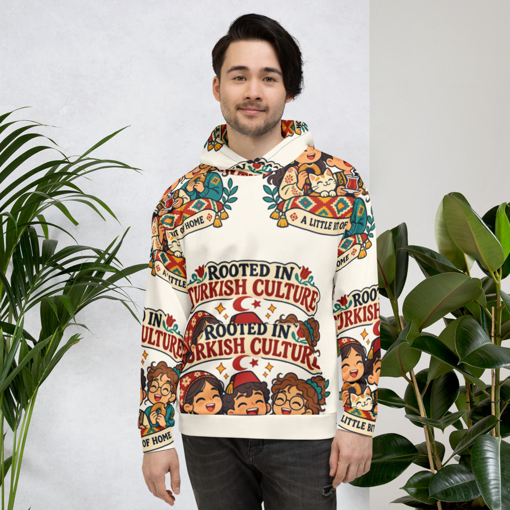 Rooted in Turkish Culture All-Over Print Recycled Unisex Hoodie, Roots & Talks - lifestyle photo 1