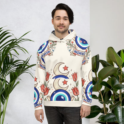 Nazar Değmesin All-Over Print Recycled Unisex Hoodie, Roots & Talks - lifestyle photo 1
