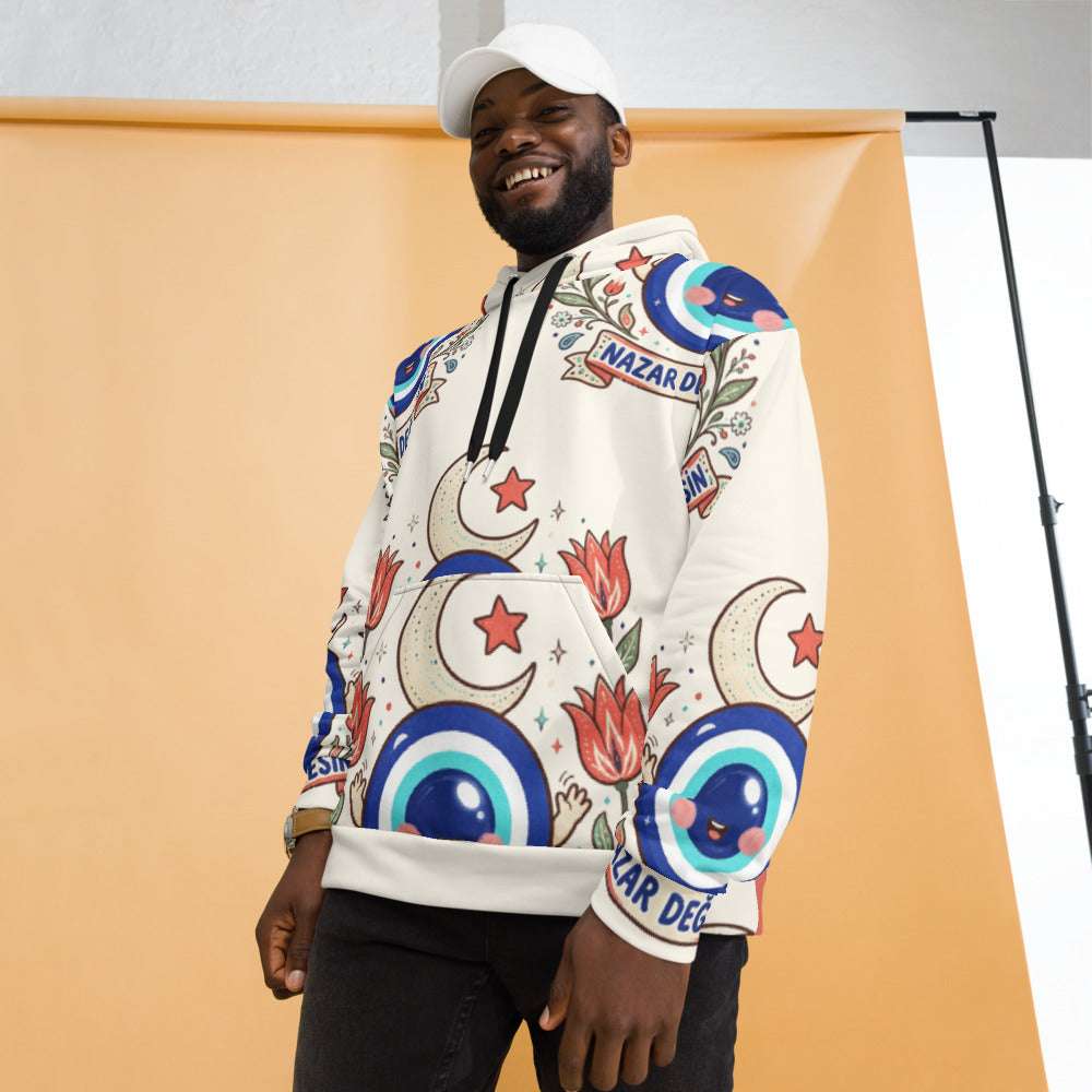 Nazar Değmesin All-Over Print Recycled Unisex Hoodie, Roots & Talks - lifestyle photo 2