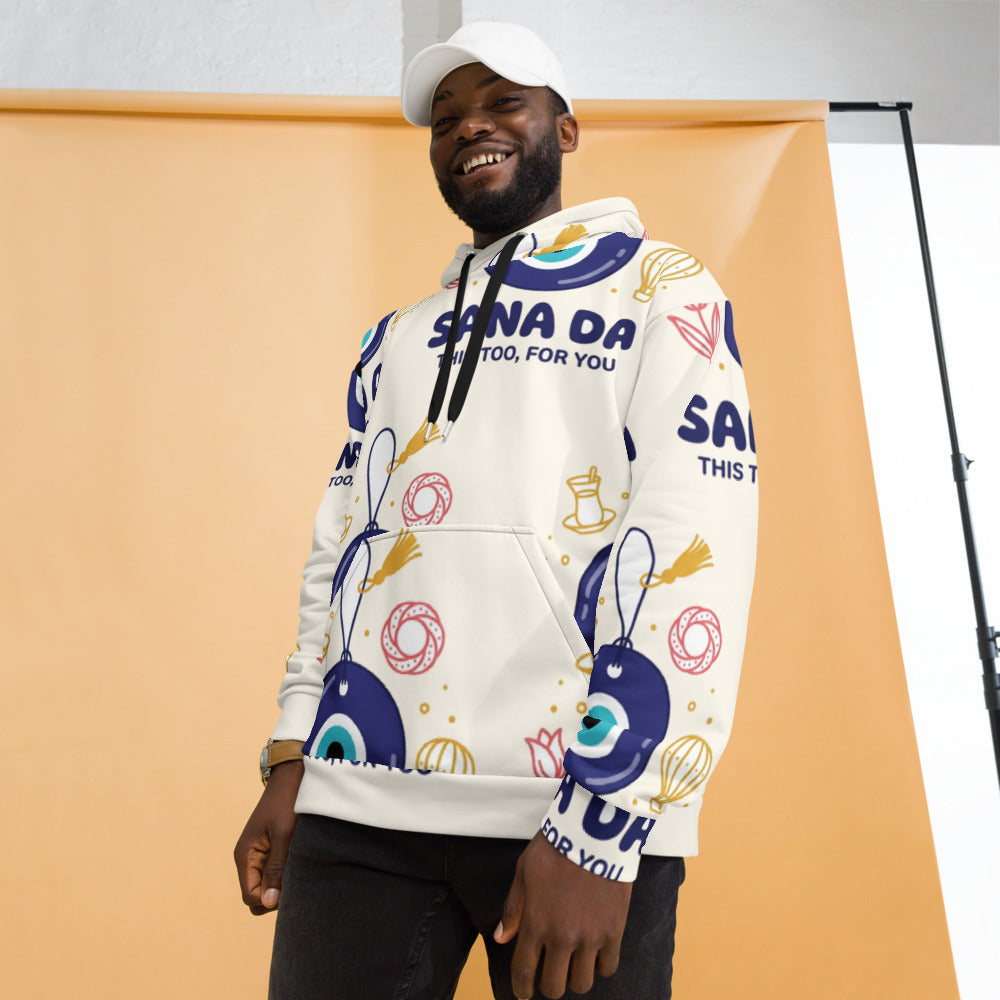 Sana Da All-Over Print Recycled Unisex Hoodie, Roots & Talks - lifestyle photo 2