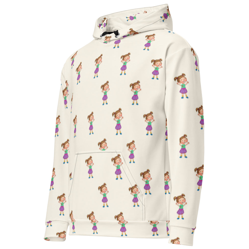 Ela Character All-Over Print Recycled Unisex Hoodie, Roots & Talks - Left Front