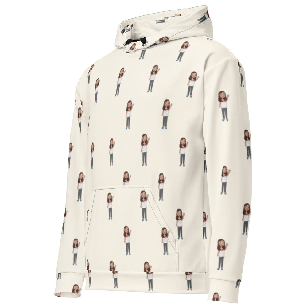 Defne Character All-Over Print Recycled Unisex Hoodie, Roots & Talks - Left Front