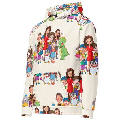 All the Characters Together All-Over Print Recycled Unisex Hoodie, Roots & Talks - Left Front