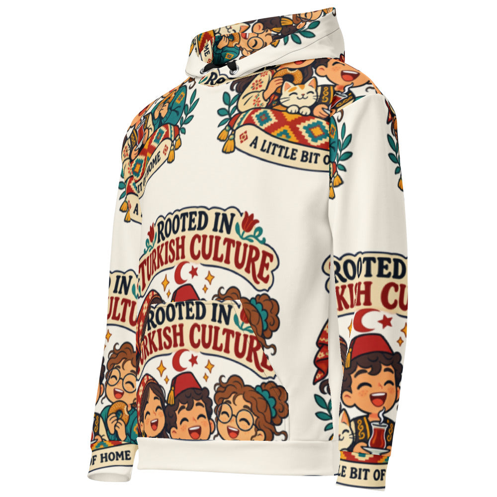 Rooted in Turkish Culture All-Over Print Recycled Unisex Hoodie, Roots & Talks - Left Front