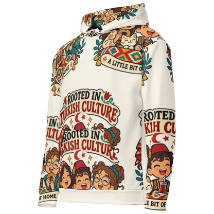 Rooted in Turkish Culture All-Over Print Recycled Unisex Hoodie, Roots & Talks - Left Front