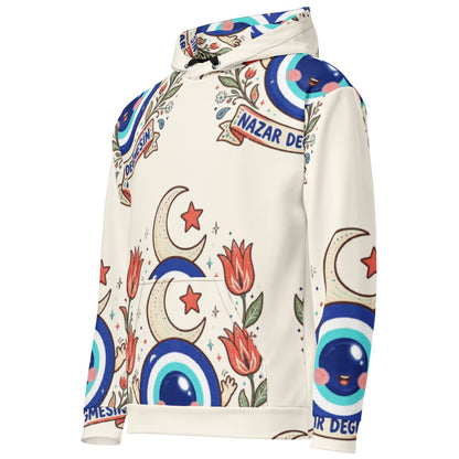 Nazar Değmesin All-Over Print Recycled Unisex Hoodie, Roots & Talks - Left Front