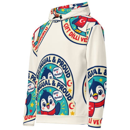 Bilingual & Proud All-Over Print Recycled Unisex Hoodie, Roots & Talks - Left Front