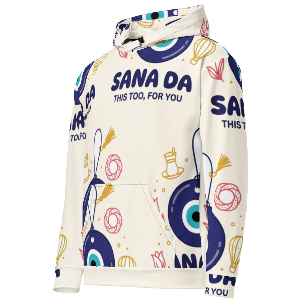 Sana Da All-Over Print Recycled Unisex Hoodie, Roots & Talks - Left Front