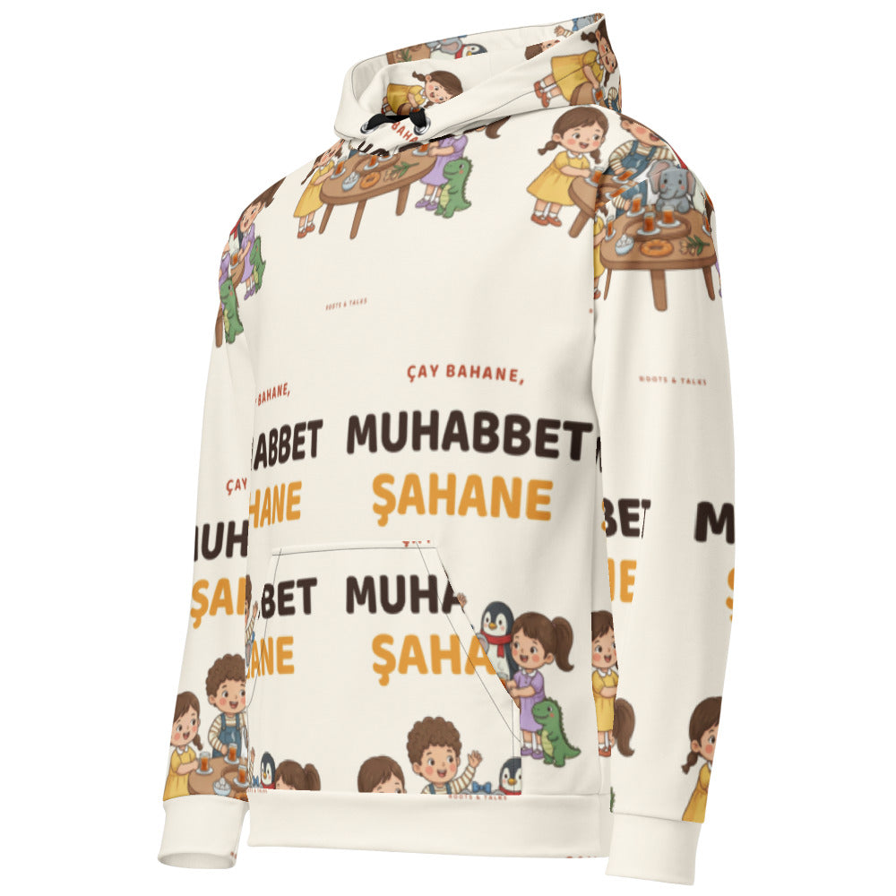 Çay Bahane, Muhabbet Şahane All-Over Print Recycled Unisex Hoodie, Roots & Talks - Left Front