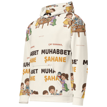 Çay Bahane, Muhabbet Şahane All-Over Print Recycled Unisex Hoodie, Roots & Talks - Left Front
