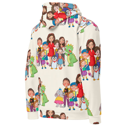 All the Characters Together All-Over Print Recycled Unisex Hoodie, Roots & Talks - Right Back