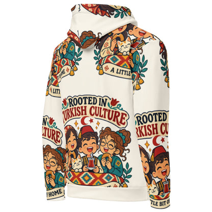 Rooted in Turkish Culture All-Over Print Recycled Unisex Hoodie, Roots & Talks - Right Back
