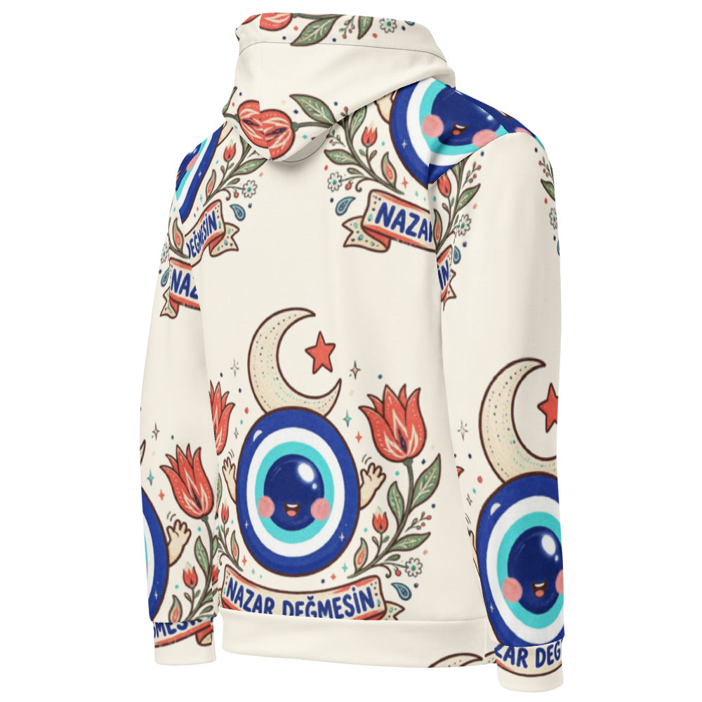 Nazar Değmesin All-Over Print Recycled Unisex Hoodie, Roots & Talks - Right Back