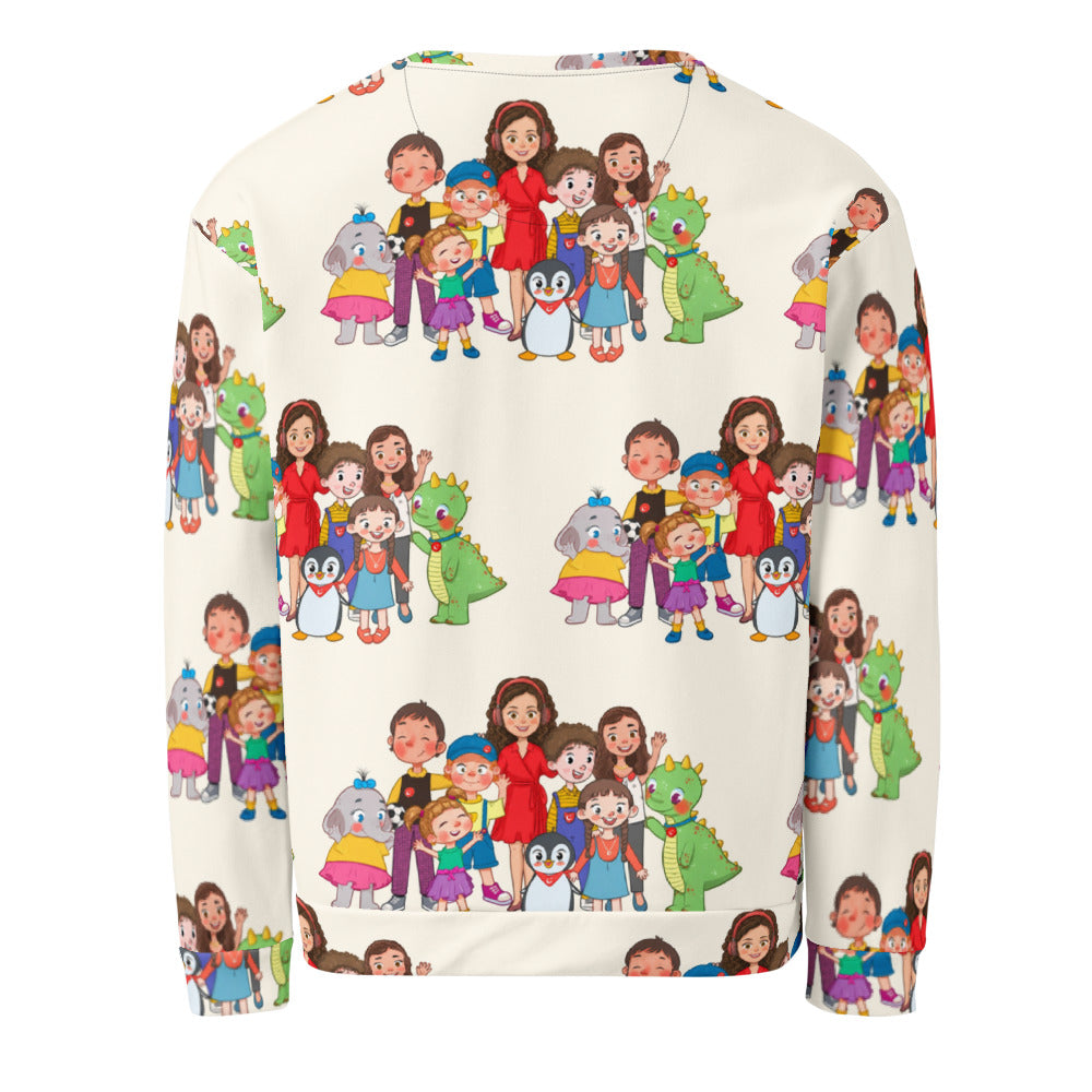 All the Characters Together All-Over Print Recycled Unisex Sweatshirt, Roots & Talks - Back