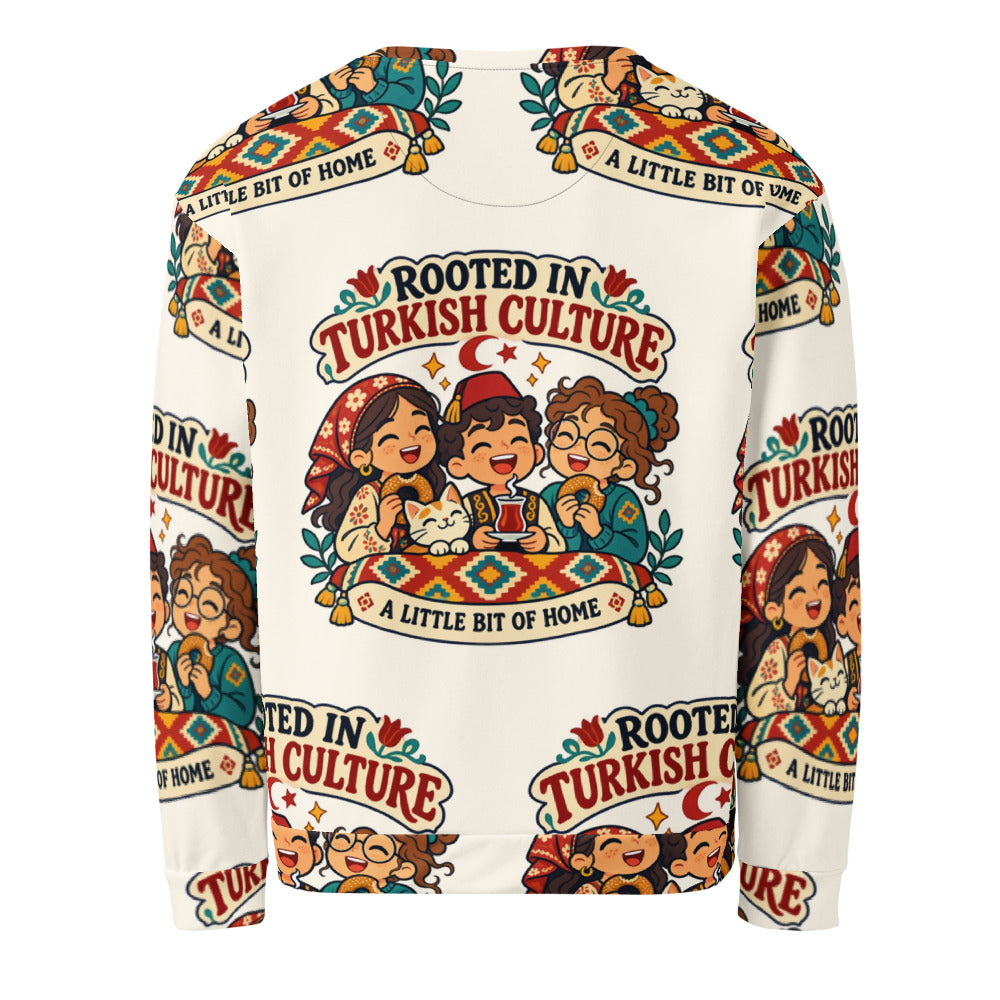 Rooted in Turkish Culture All-Over Print Recycled Unisex Sweatshirt, Roots & Talks - Back