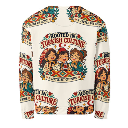 Rooted in Turkish Culture All-Over Print Recycled Unisex Sweatshirt, Roots & Talks - Back