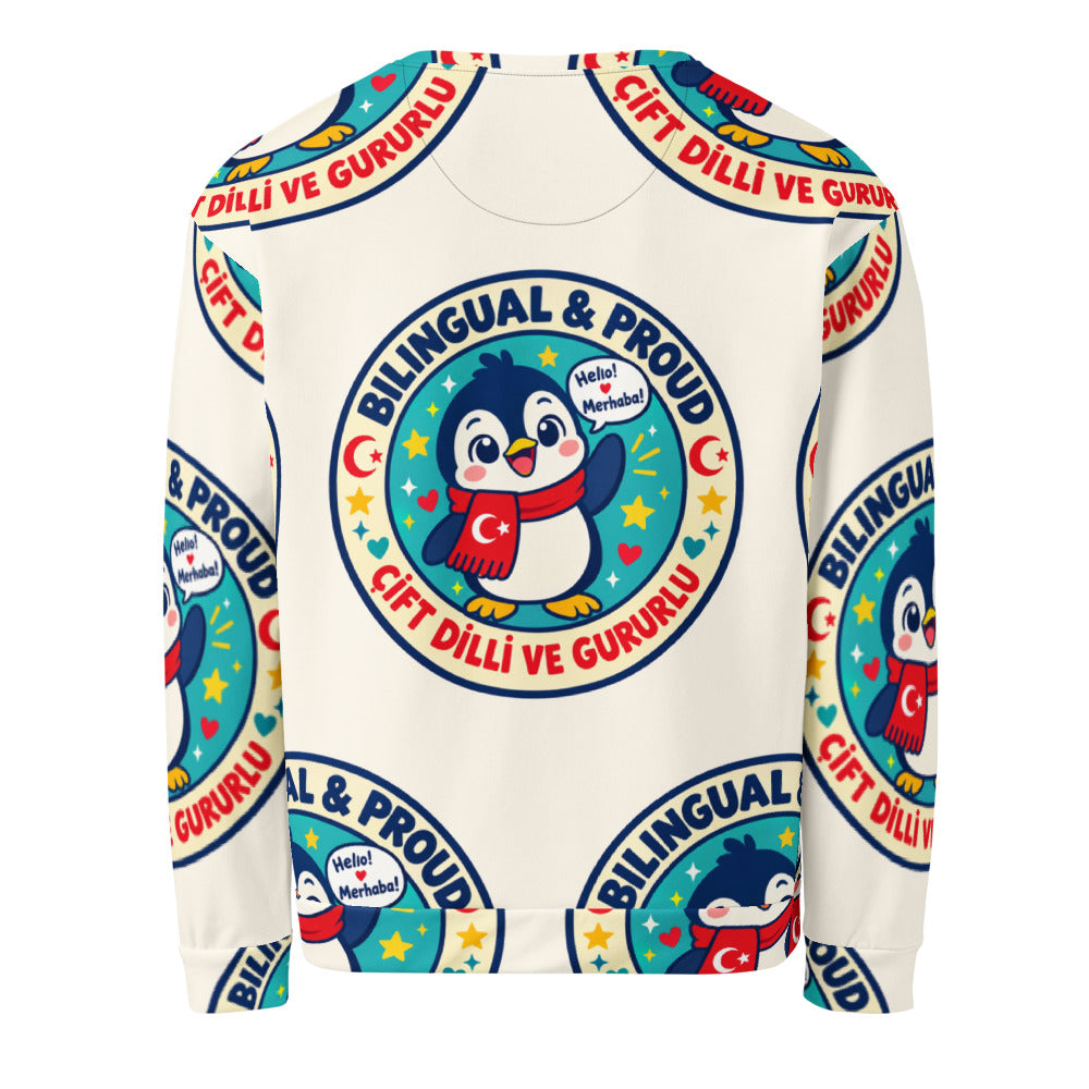 Bilingual & Proud All-Over Print Recycled Unisex Sweatshirt, Roots & Talks - Back