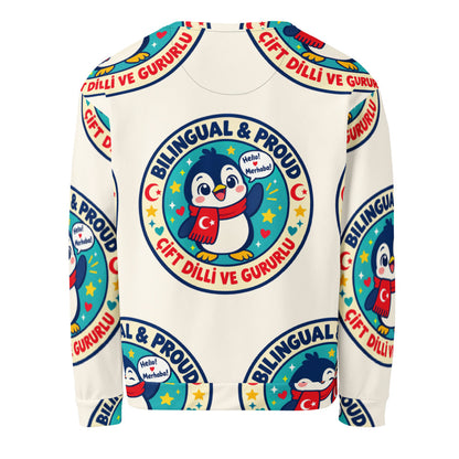 Bilingual & Proud All-Over Print Recycled Unisex Sweatshirt, Roots & Talks - Back