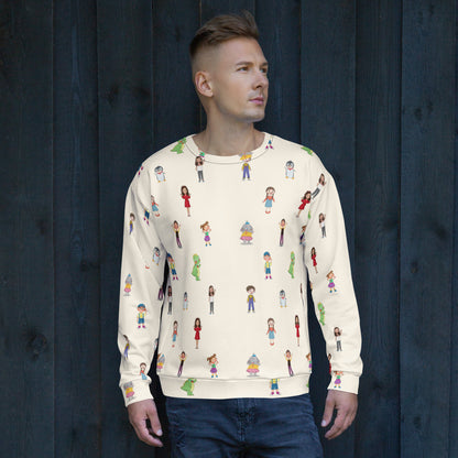 Roots & Talks Characters All-Over Print Recycled Unisex Sweatshirt - lifestyle photo 1