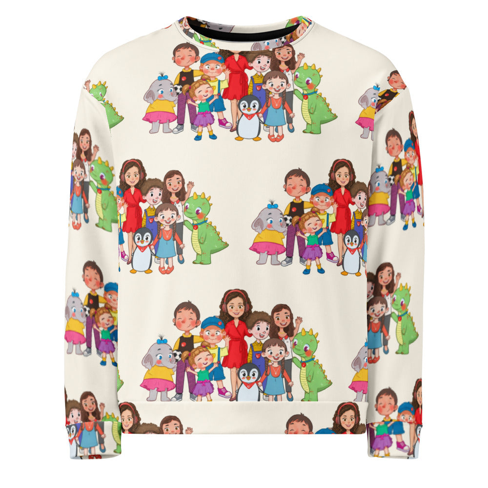 All the Characters Together All-Over Print Recycled Unisex Sweatshirt, Roots & Talks - product photo