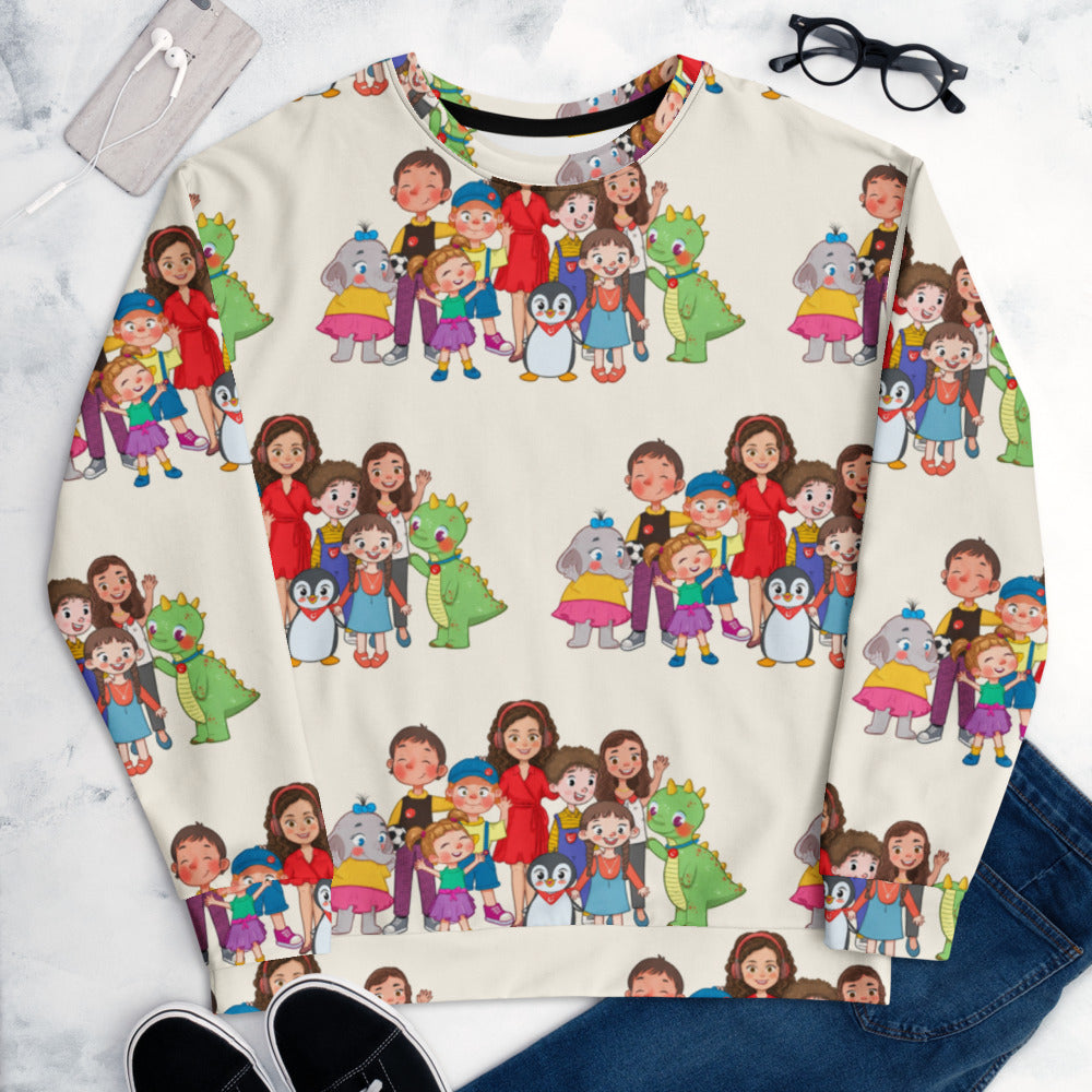 All the Characters Together All-Over Print Recycled Unisex Sweatshirt, Roots & Talks - lifestyle photo 1