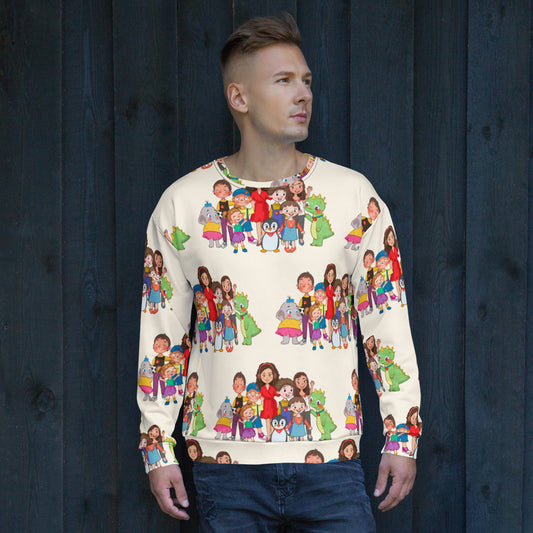 All the Characters Together All-Over Print Recycled Unisex Sweatshirt, Roots & Talks - lifestyle photo 2