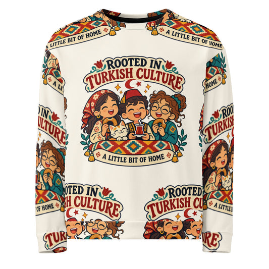 Rooted in Turkish Culture All-Over Print Recycled Unisex Sweatshirt, Roots & Talks - product photo