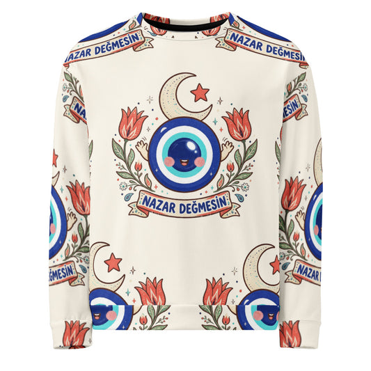 Nazar Değmesin All-Over Print Recycled Unisex Sweatshirt, Roots & Talks - product photo