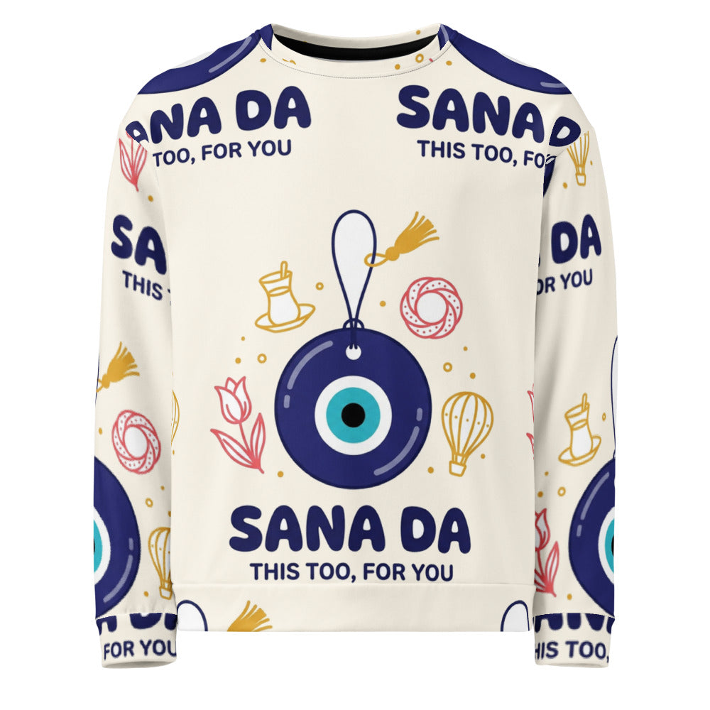 Sana Da All-Over Print Recycled Unisex Sweatshirt, Roots & Talks - product photo