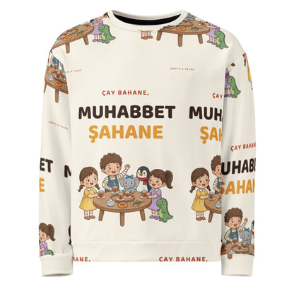Çay Bahane, Muhabbet Şahane All-Over Print Recycled Unisex Sweatshirt, Roots & Talks - product photo