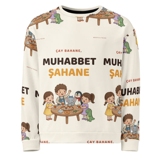 Çay Bahane, Muhabbet Şahane All-Over Print Recycled Unisex Sweatshirt, Roots & Talks - product photo