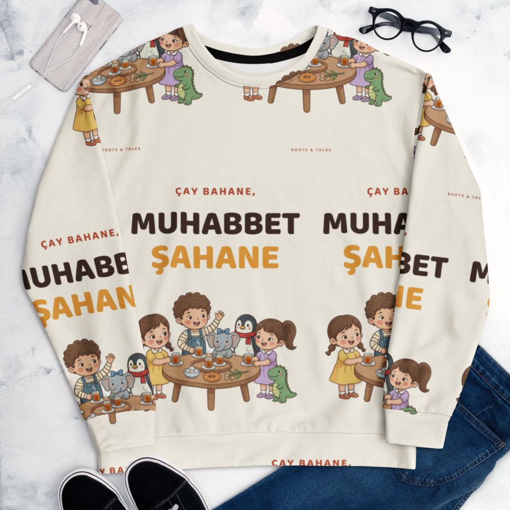Çay Bahane, Muhabbet Şahane All-Over Print Recycled Unisex Sweatshirt, Roots & Talks - lifestyle photo 1