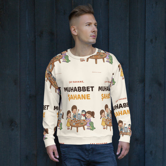 Çay Bahane, Muhabbet Şahane All-Over Print Recycled Unisex Sweatshirt, Roots & Talks - lifestyle photo 2