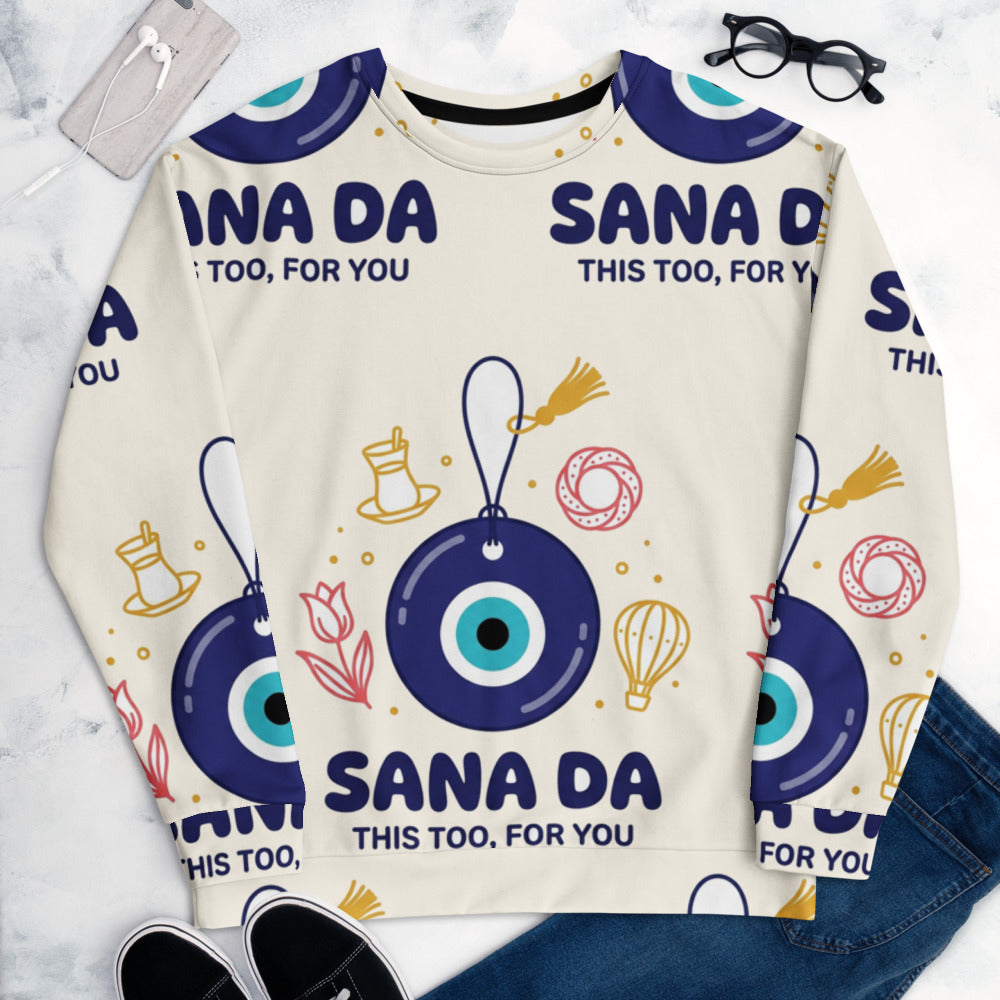 Sana Da All-Over Print Recycled Unisex Sweatshirt, Roots & Talks - lifestyle photo 1