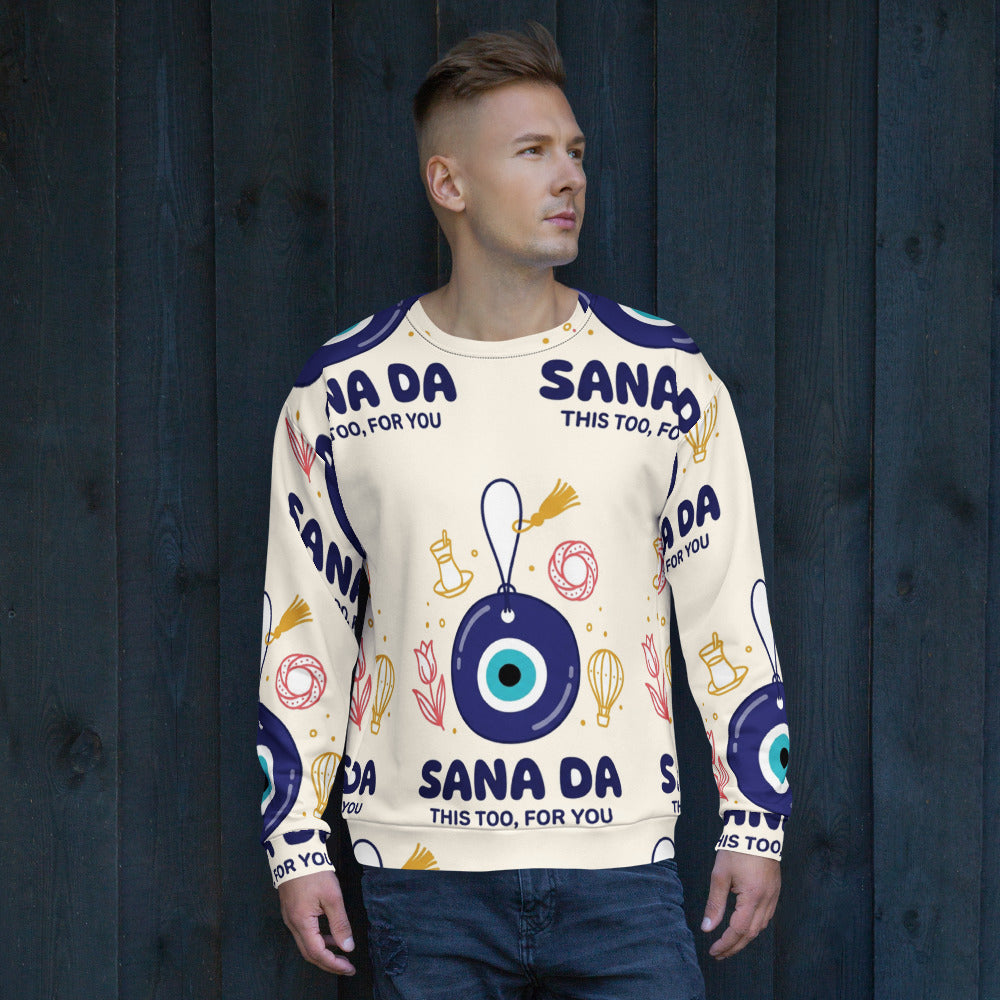 Sana Da All-Over Print Recycled Unisex Sweatshirt, Roots & Talks - lifestyle photo 2