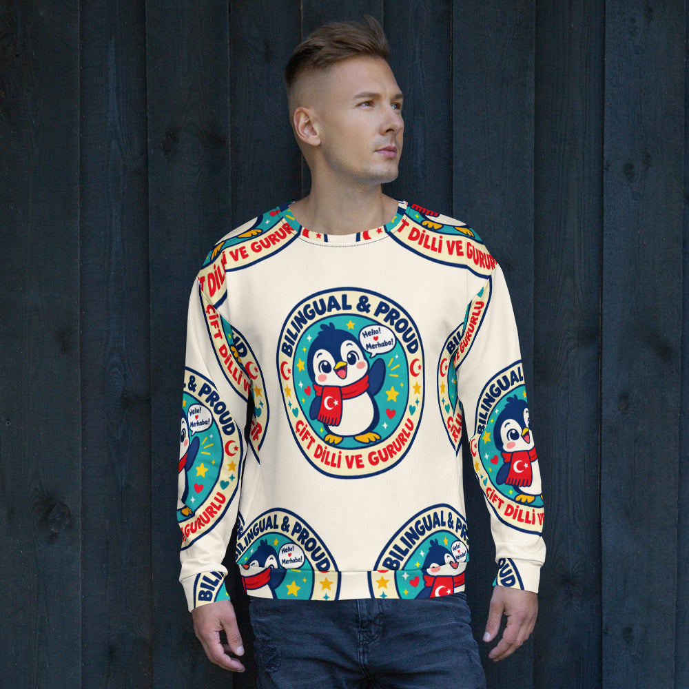 Bilingual & Proud All-Over Print Recycled Unisex Sweatshirt, Roots & Talks - lifestyle photo 2