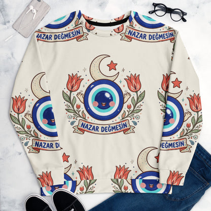 Nazar Değmesin All-Over Print Recycled Unisex Sweatshirt, Roots & Talks - lifestyle photo 1