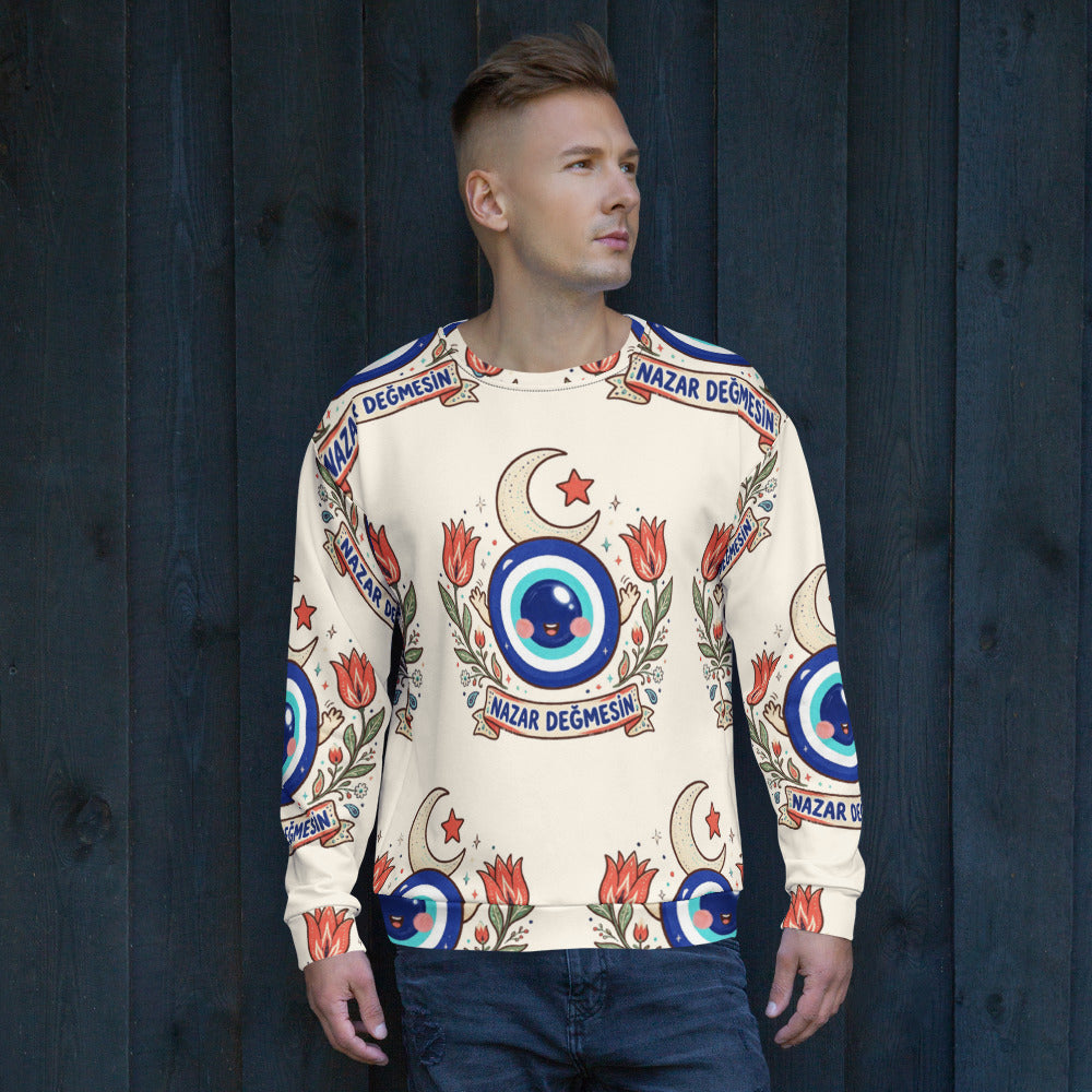 Nazar Değmesin All-Over Print Recycled Unisex Sweatshirt, Roots & Talks - lifestyle photo 2