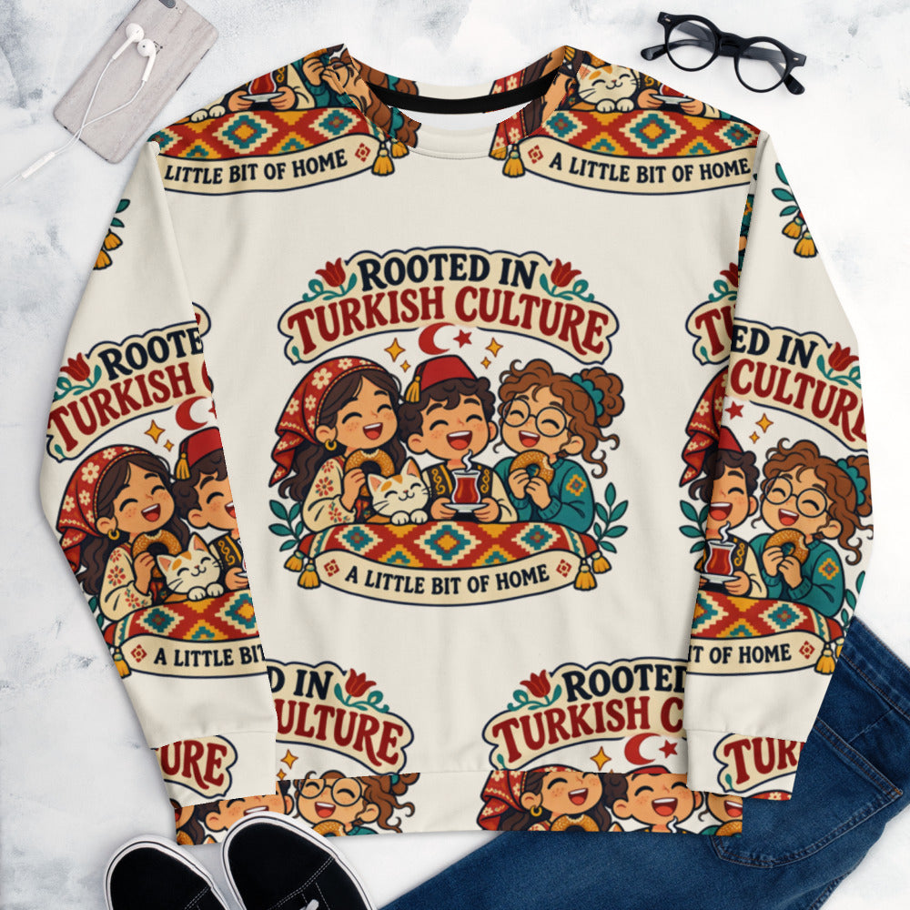 Rooted in Turkish Culture All-Over Print Recycled Unisex Sweatshirt, Roots & Talks - lifestyle photo 1