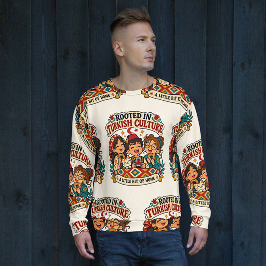 Rooted in Turkish Culture All-Over Print Recycled Unisex Sweatshirt, Roots & Talks - lifestyle photo 2