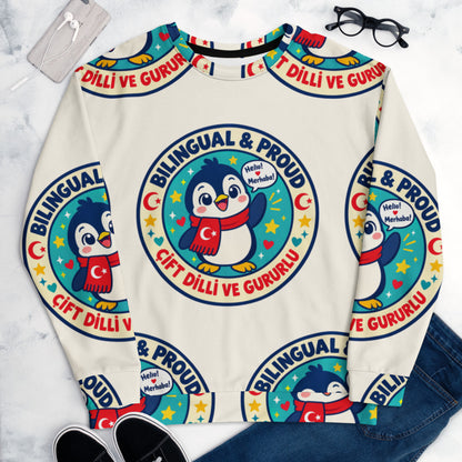 Bilingual & Proud All-Over Print Recycled Unisex Sweatshirt, Roots & Talks - lifestyle photo 1