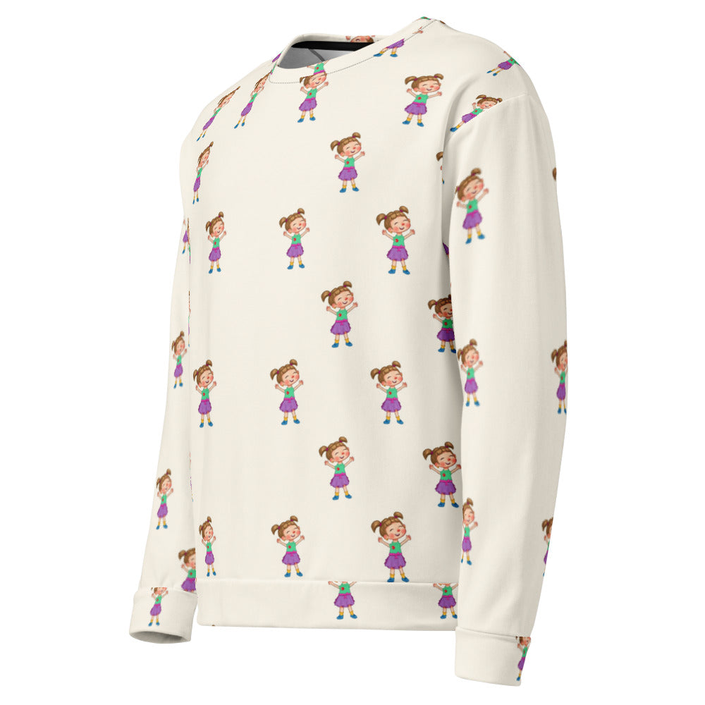 Ela Character All-Over Print Recycled Unisex Sweatshirt, Roots & Talks - Left Front