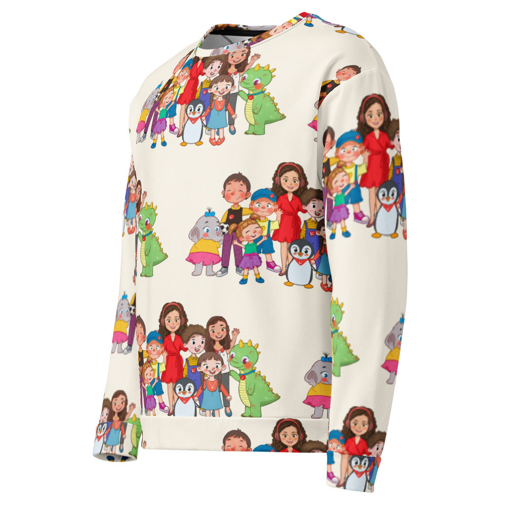 All the Characters Together All-Over Print Recycled Unisex Sweatshirt, Roots & Talks - Left Front