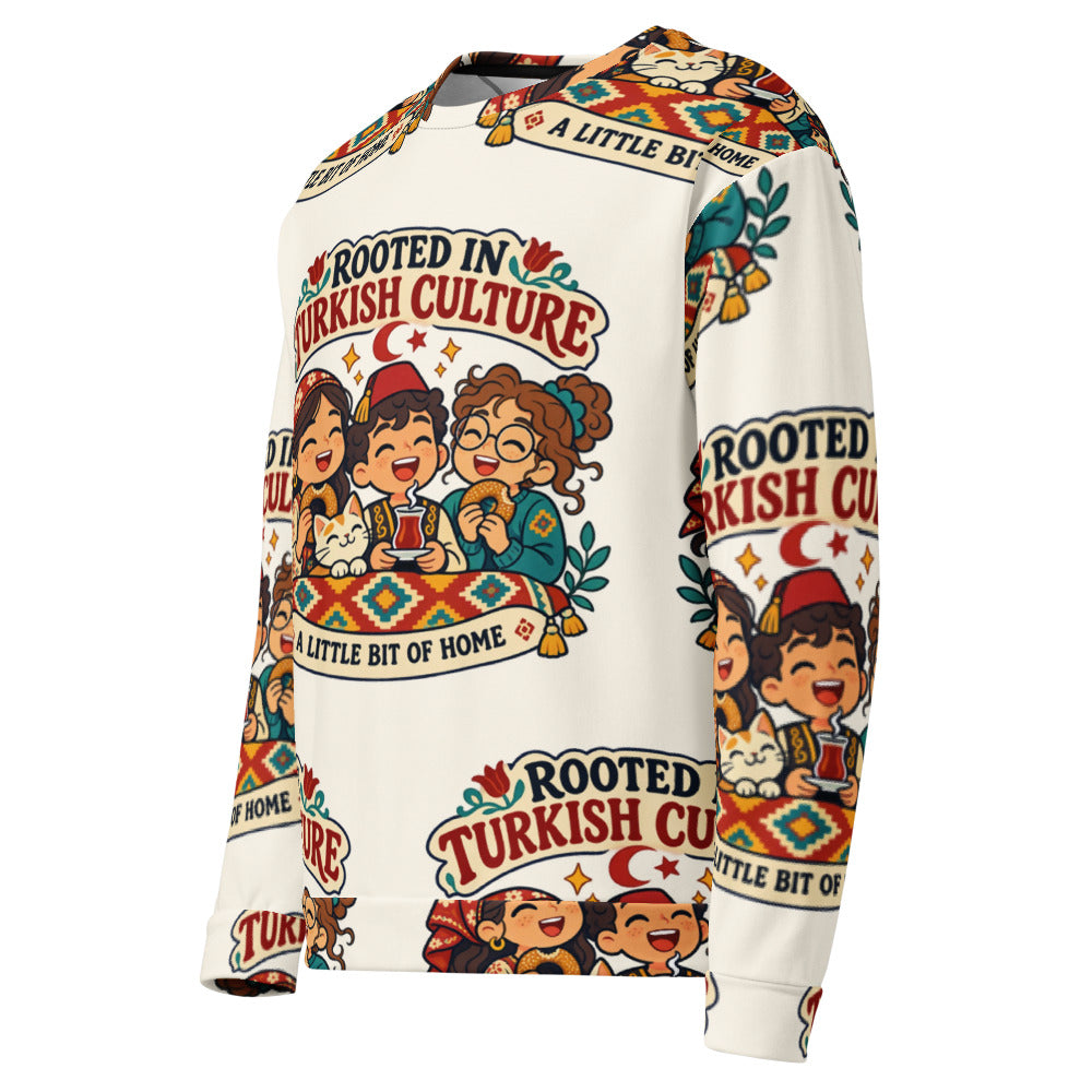 Rooted in Turkish Culture All-Over Print Recycled Unisex Sweatshirt, Roots & Talks - Left Front